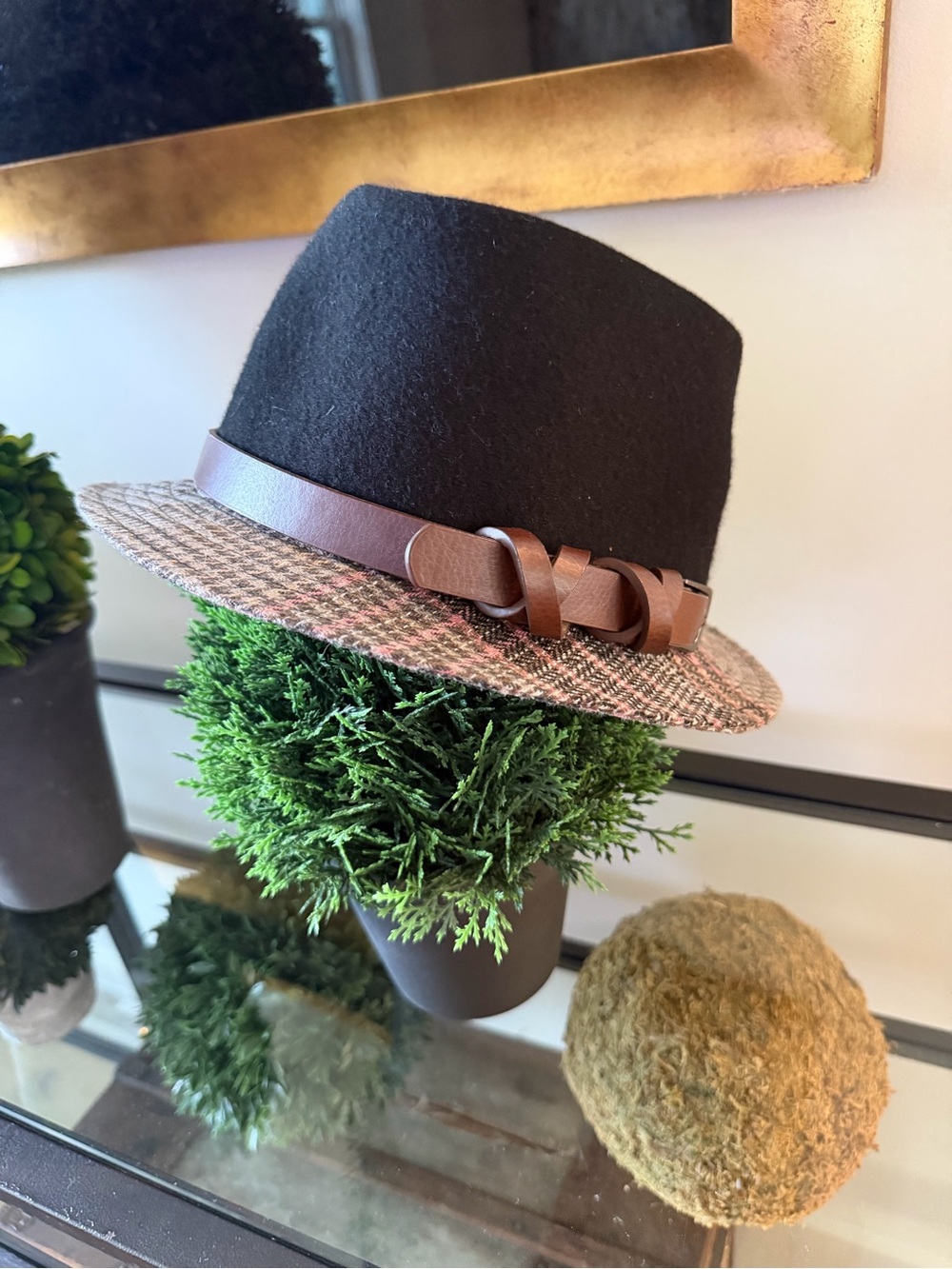 Target Black Felt Fedora with Brown Tweed Brim and Brown Leather Band